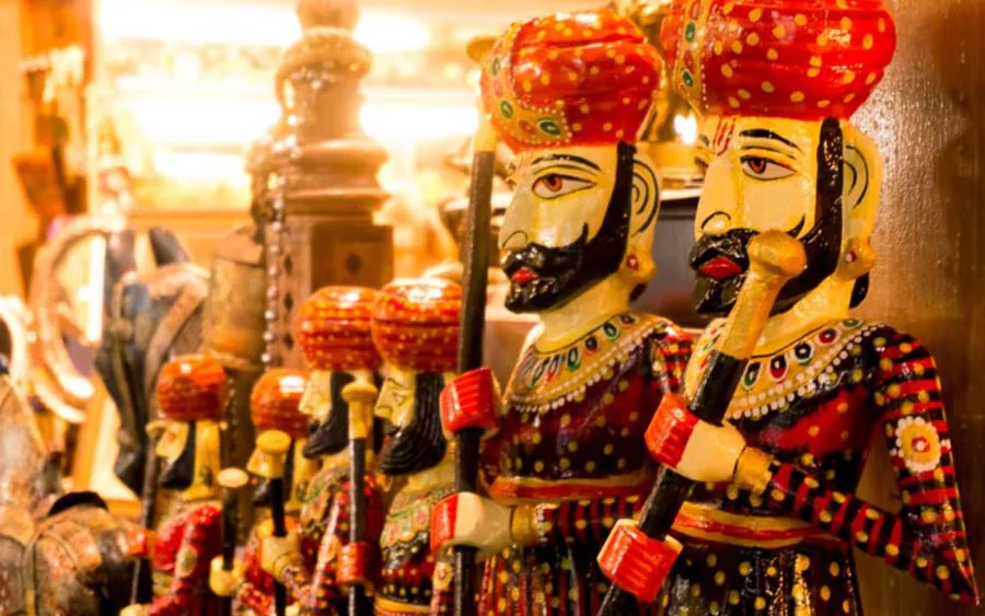 Colourful hand-painted Rajasthani warrior figurines in Jaisalmer market