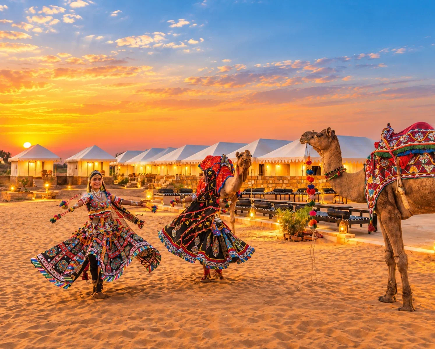 Rajasthani folk dancers and camels at sunset at the camp