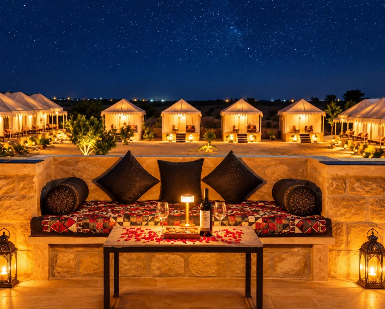 Rooftop terrace with wine setup under a starry desert sky